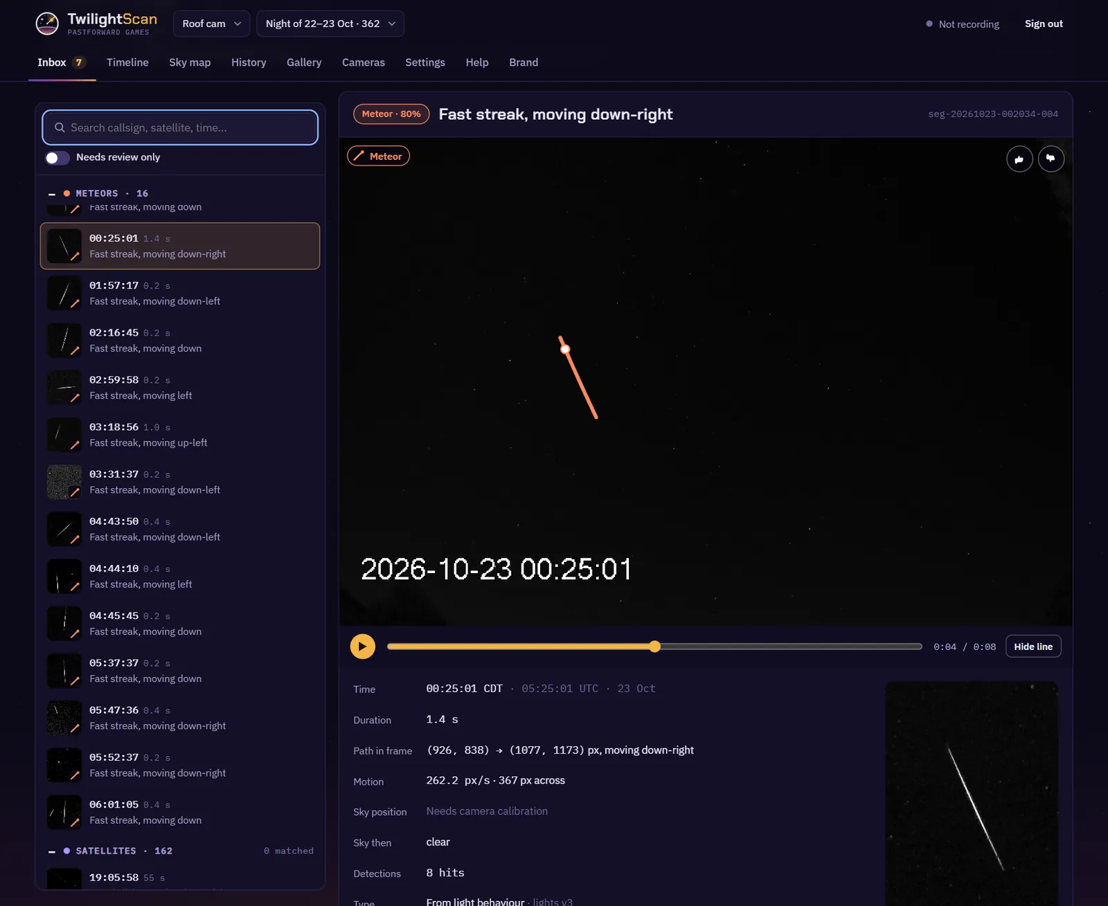 Morning inbox on the review desk: the list of meteors by time, and a clip of one meteor with its path drawn as an orange line.